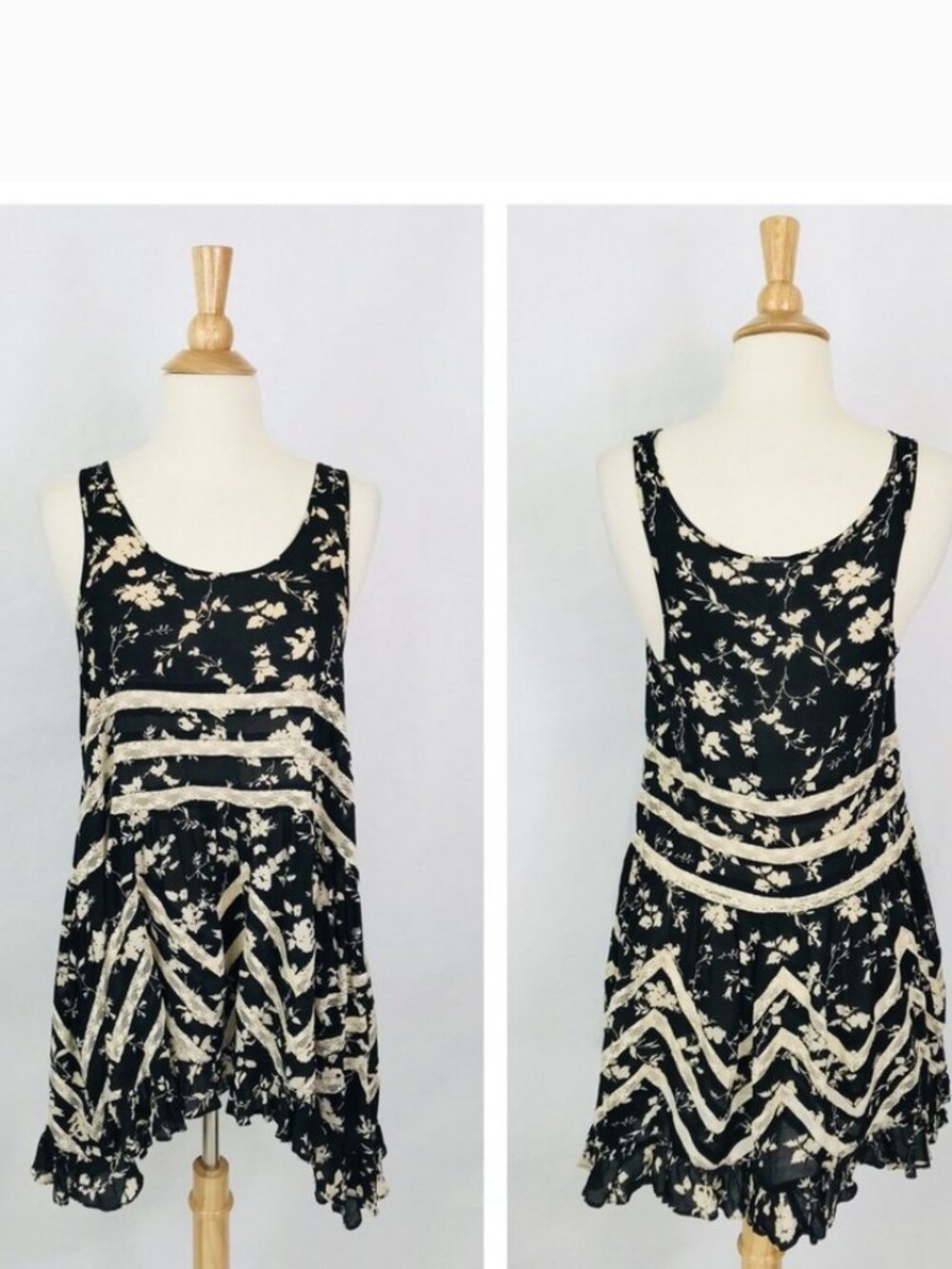 Free People Black Floral Print Trapeze Lace Boho Mini Slip Dress Tunic M